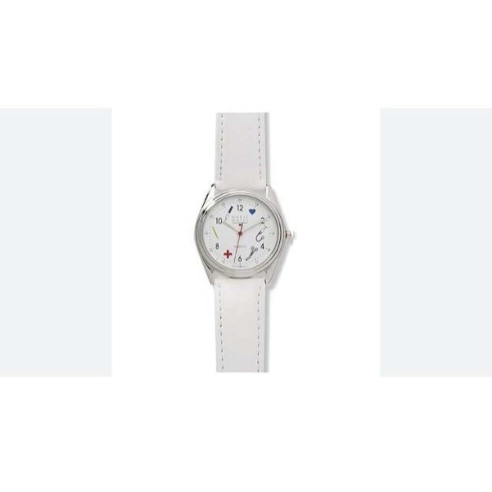Nurse Mates symbols women's nurse watch water-resistant leather strap - White